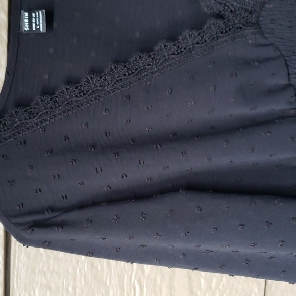 SHEIN Frenchy Swiss Dot Flounce Sleeve Guipure Lace Trim Shirred Dress L - Picture 10 of 14